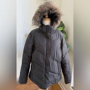 Columbia Black Quilted Down Jacket Removable Faux Fur Hood Women’s L
